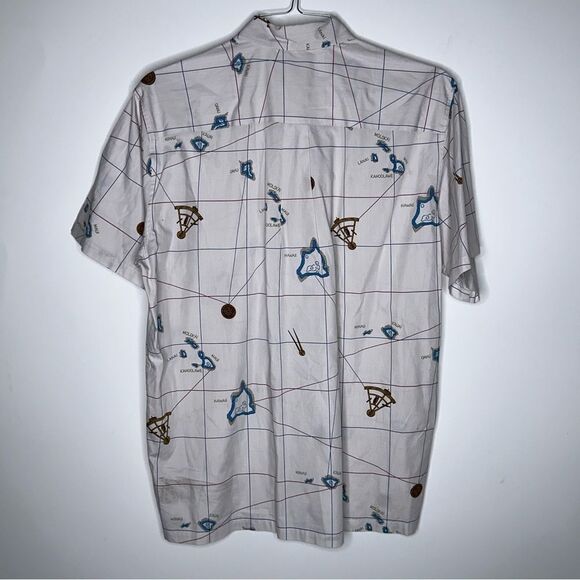 Cooke Street Honolulu White-Blue-Brown Graphic Map Design Aloha Shirt Medium - Picture 3 of 5
